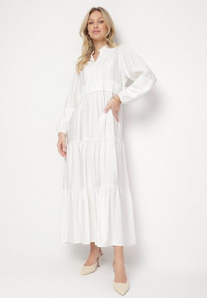 Biała Wiskozowa Sukienka Boho o Rozkloszowanym Kroju z Gumką i Koronką Gonillea. Białe sukienki Born2be, na co dzień, na lato, l, z aplikacjami, z koronki, boho, bez kołnierzyka, bez ramiączek, maxi, rozkloszowane. Za 129.99 zł.