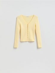 Kardigan z dodatkiem wiskozy - jasnożółty. Żółte kardigany Reserved, l, bez wzorów, z dzianiny. Za 119.99 zł.