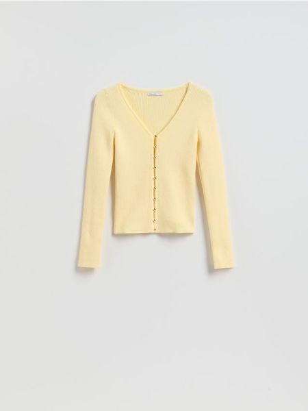 Kardigan z dodatkiem wiskozy - jasnożółty. Żółte kardigany Reserved, l, bez wzorów, z dzianiny. Za 119.99 zł.