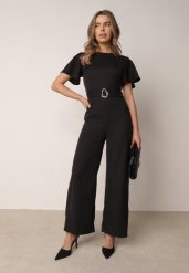 Czarny Kombinezon VICES z Paskiem i Geometryczną Klamrą Elinassa. Czarne sukienki Born2be, do pracy, l, bez wzorów, biznesowe, bez kołnierzyka, bez ramiączek. Za 179.99 zł.