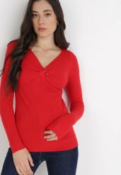 Czerwony Sweter Ampippe. Czerwone swetry Born2be, bez wzorów, z dzianiny, bez ramiączek. Za 39.99 zł.
