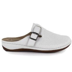 Klapki damskie zabudowane sanitarne białe Unisoft 9928. Białe klapki Unisoft, bez wzorów, ze skóry ekologicznej, bez obcasa. Za 109.99 zł.