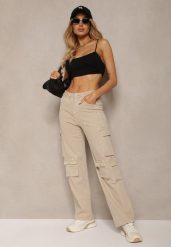 Beżowe Spodnie Typu Bojówki z Bawełny High Waist z Kieszeniami Zefara. Brązowe spodnie materiałowe Renee, na co dzień, l, bez wzorów, z bawełny, z podwyższonym stanem. Za 109.99 zł.