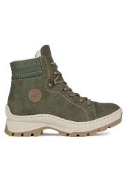 Rieker Botki X9334-54 Zielony. Zielone botki Rieker, bez wzorów, z materiału, bez obcasa, na płaskiej podeszwie, bez zapięcia. Za 265.99 zł.