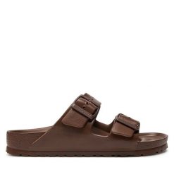 Klapki Birkenstock. Brązowe klapki Birkenstock, bez wzorów, bez obcasa. Za 249.99 zł.