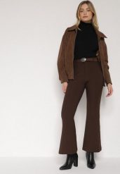 Brązowe Spodnie Dzwony z Wiskozy z Bawełną z Wysokim Stanem Ozdobione Paskiem Liadona. Brązowe spodnie materiałowe Born2be, do pracy, l, bez wzorów, z bawełny, z podwyższonym stanem. Za 139.99 zł.