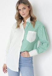 Zielono-Biała Koszula w Paski z Kołnierzem Aeshoma. Białe koszule Born2be, m, bez wzorów, z materiału, eleganckie, bez kołnierzyka, bez ramiączek. Za 84.99 zł.
