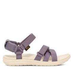 Sandały Teva. Fioletowe sandały Teva, bez wzorów, sportowe, bez obcasa, bez zapięcia. Za 349.99 zł.
