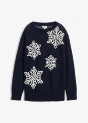 Sweter z okrągłym dekoltem i flokowanymi śnieżynkami. Niebieskie swetry bonprix, na zimę, bez wzorów, bez ramiączek. Za 99.99 zł.