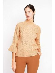 ASSUILI Sweter w kolorze jasnobrązowym rozmiar: 38. Brązowe swetry Assuili, bez wzorów, ze splotem, bez ramiączek. Za 126.15 zł.