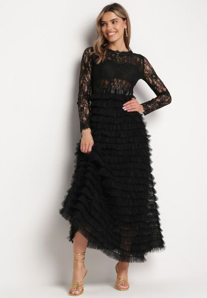 Czarna Maxi Sukienka Rozkloszowana z Koronkową Górą i Tiulowymi Falbankami Firina. Czarne sukienki Born2be, s, bez wzorów, z koronki, wizytowe, bez kołnierzyka, bez ramiączek, maxi, rozkloszowane. Za 99.99 zł.