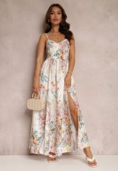 Biała Sukienka Alemima. Białe sukienki Renee, na imprezę, m, z aplikacjami, z tkaniny, bez kołnierzyka, bez ramiączek, maxi, rozkloszowane. Za 134.99 zł.