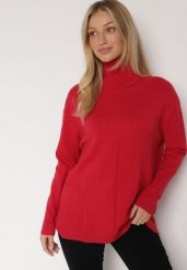 Czerwony Sweter z Golfem i Dodatkiem Kaszmiru Rorizia. Czerwone golfy Born2be, z aplikacjami, z jeansu, bez ramiączek. Za 129.99 zł.
