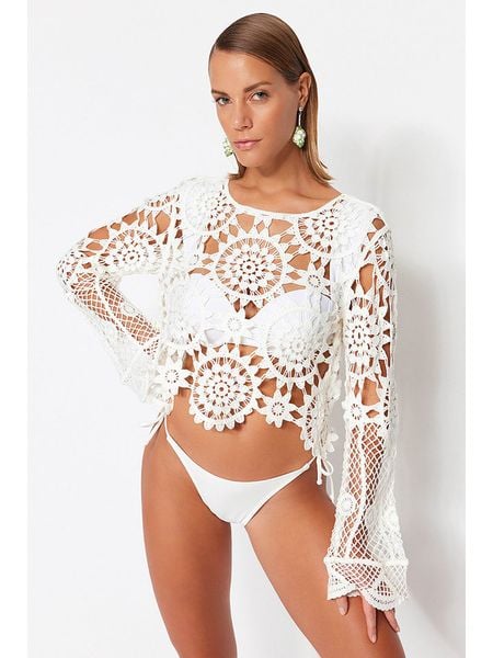 Trendyol Bluzka w kolorze kremowym rozmiar: S. Brązowe bluzki Trendyol, s, bez wzorów, z koronki, bez kołnierzyka, bez ramiączek. Za 52.42 zł.