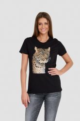GUESS Czarny damski T-shirt Leopard Jewel Easy Tee, Rozmiar S. Czarne t-shirty Guess, s, z aplikacjami, bez kołnierzyka, bez ramiączek. W wyprzedaży za 149.99 zł.