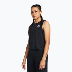 Top treningowy damski Under Armour Rush Energy Crop Tank black/white. Czarne topy Under Armour, bez wzorów, bez kołnierzyka, bez ramiączek. Za 94.99 zł.