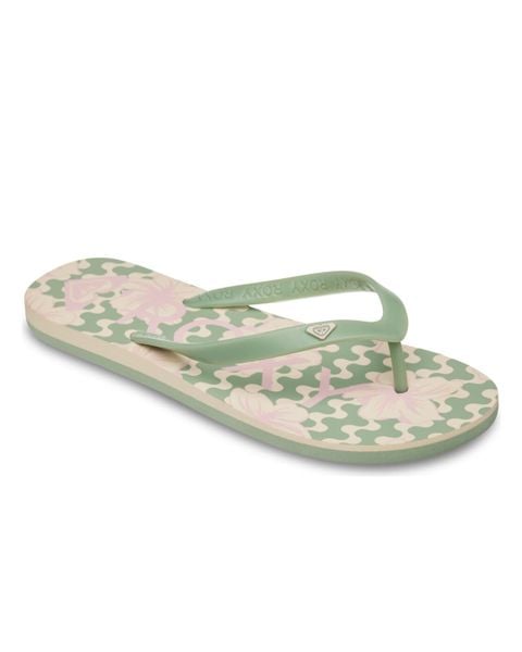 Klapki dla Kobiety TAHITI. Zielone klapki Roxy, bez wzorów, z materiału, bez obcasa. Za 62.99 zł.