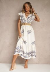 Biało-Niebieska Kopertowa Sukienka z Wiskozy Ozdobiona Haftem i Paskiem Nilatea. Białe sukienki Renee, l, bez wzorów, z materiału, eleganckie, bez kołnierzyka, bez ramiączek, midi, kopertowe. Za 99.99 zł.