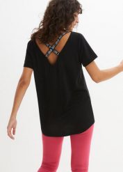 Długi shirt sportowy z wycięciem z tyłu. Czarne koszulki sportowe bonprix, bez wzorów, bez ramiączek. Za 64.99 zł.
