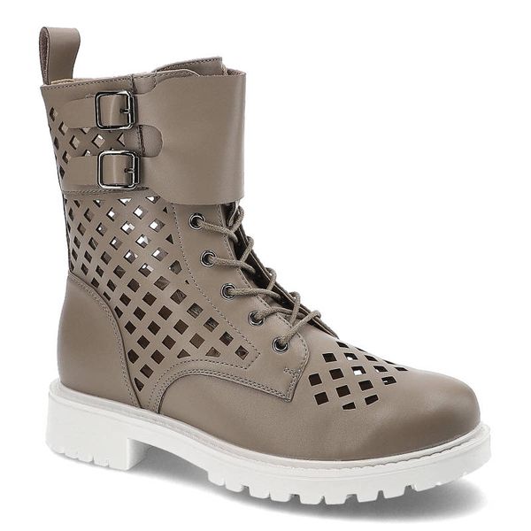 Botki damskie Artiker, naturalna skóra licowa z ażurową cholewką sznurowanym zapięciem uzupełnionym o paski z klamrami, taupe, 50C1313. Brązowe botki Artiker, w ażurowe wzory, ze skóry, bez obcasa, bez zapięcia. Za 269.00 zł.