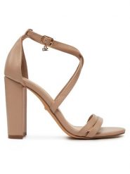 DeeZee Sandały LW0812-20 Beżowy. Brązowe sandały DeeZee, bez wzorów, ze skóry, bez obcasa, na słupku, bez zapięcia. Za 139.99 zł.