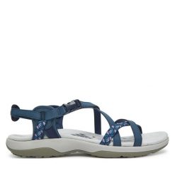 Sandały Skechers. Niebieskie sandały Skechers, bez wzorów, bez obcasa, na płaskiej podeszwie, bez zapięcia. Za 239.99 zł.