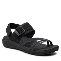 Sandały Merrell. Czarne sandały Merrell, bez wzorów, bez obcasa, na płaskiej podeszwie, bez zapięcia. Za 239.99 zł.