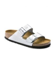 Birkenstock Klapki "Arizona" w kolorze srebrnym rozmiar: 42. Szare klapki Birkenstock, bez wzorów, z otwartym noskiem, bez obcasa. Za 345.95 zł.
