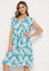 Niebieska Bawełniana Sukienka o Rozkloszowanym Kroju w Kwiaty Libella. Niebieskie sukienki Born2be, do pracy, l, bez wzorów, z bawełny, biznesowe, bez kołnierzyka, bez ramiączek, midi, proste. Za 39.99 zł.