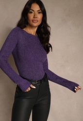 Fioletowy Sweter z Wiskozą Ozdobiony Metaliczną Nitką Liatolla. Fioletowe swetry Renee, s, bez wzorów, z jeansu, bez ramiączek. Za 79.99 zł.
