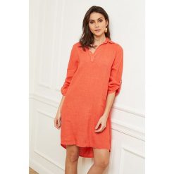Fleur de Lin Lniana sukienka "Basta" w kolorze koralowym rozmiar: L. Czerwone sukienki Fleur de Lin, l, bez wzorów, ze lnu, bez kołnierzyka, bez ramiączek, mini. Za 143.99 zł.