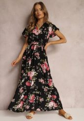 Czarna Sukienka w Kwiaty o Kopertowym Kroju z Wiązanym Paskiem Iphene. Czarne sukienki Renee, na co dzień, na lato, l, bez wzorów, eleganckie, bez kołnierzyka, bez ramiączek, maxi, kopertowe. Za 64.99 zł.