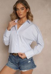 Niebieska Koszula z Bawełny o Kroju Oversize w Paski z Metalicznymi Zdobieniami Pasenitia. Niebieskie koszule Renee, l, z aplikacjami, z bawełny, eleganckie, bez kołnierzyka, bez ramiączek. Za 99.99 zł.