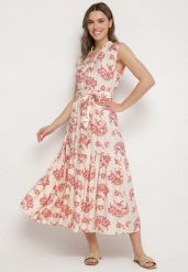 Beżowo-Różowa Wiskozowa Sukienka w Abstrakcyjny Wzór z Paskiem Rinoriela. Czerwone sukienki Born2be, na co dzień, l, z aplikacjami, z wiskozy, eleganckie, bez kołnierzyka, bez ramiączek, maxi, proste. Za 84.99 zł.