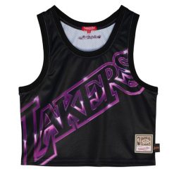 Damska koszulka crop Lakers big face 4.0. Czarne bluzki Mitchell & Ness, bez wzorów, sportowe, bez kołnierzyka, bez ramiączek. Za 264.50 zł.