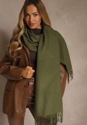 Ciemnozielony Szalik z Wiskozą Bawełną i Frędzlami Siathlin. Zielone szaliki Renee, bez wzorów, z bawełny, biznesowe. Za 44.99 zł.