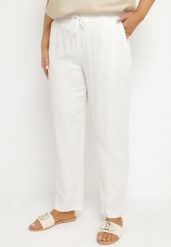 Białe Spodnie z Lnem i Elastyczną Gumką w Pasie Nativena. Białe spodnie materiałowe Born2be, na co dzień, plus size, bez wzorów, z jeansu, plus size. Za 79.99 zł.