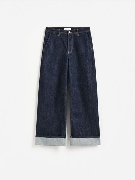 Jeansy wide leg z podwinięciem - granatowy. Niebieskie jeansy Reserved, bez wzorów. Za 179.99 zł.