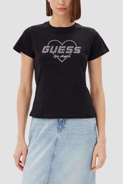 GUESS Czarny damski t-shirt Narciso, Rozmiar L. Czarne t-shirty Guess, l, z aplikacjami, bez kołnierzyka, bez ramiączek. W wyprzedaży za 88.99 zł.