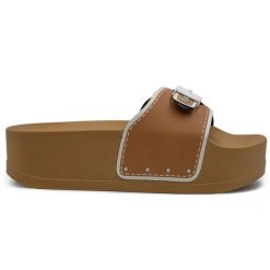 Klapki turystyczne damskie Scholl Pescura Moon Wedge. Brązowe klapki Scholl, bez wzorów, z materiału, bez obcasa, na koturnie. Za 187.04 zł.