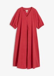 Sukienka midi z czystej bawełny. Czerwone sukienki bonprix, bez wzorów, z bawełny, bez kołnierzyka, bez ramiączek, midi, rozkloszowane. Za 147.99 zł.