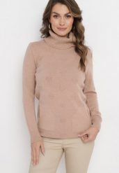 Ciemnobeżowy Golf z Miękkiej Dzianiny Oamperie. Brązowe golfy Born2be, l, bez wzorów, z dzianiny, bez ramiączek. Za 49.99 zł.
