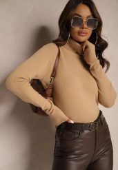 Ciemnobeżowy Golf Sweter o Dopasowanym Kroju z Kaszmirem Zairith. Brązowe golfy Renee, z aplikacjami, z jeansu, bez ramiączek. Za 49.99 zł.