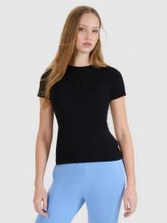 4F T-shirt slim z nadrukiem damski - czarny XL. Czarne t-shirty 4f, xl, bez wzorów, z bawełny, bez kołnierzyka, bez ramiączek. Za 49.99 zł.