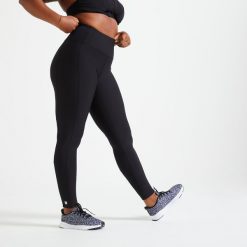 Legginsy fitness damskie Domyos. Czarne legginsy DOMYOS, l, bez wzorów, z elastanu, z podwyższonym stanem. Za 79.99 zł.