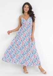 Jasnoniebieska Plisowana Sukienka Maxi na Cienkich Regulowanych Ramiączkach Iazza. Niebieskie sukienki Born2be, l, bez wzorów, bez kołnierzyka, bez ramiączek, maxi. Za 79.99 zł.