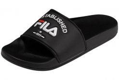 Klapki basenowe damskie Fila Baywalk '23 wsuwane. Czarne klapki Fila, bez wzorów, z materiału, bez obcasa. Za 79.49 zł.