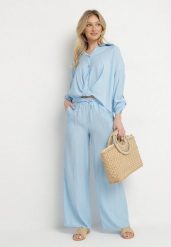 Jasnoniebieski Wiskozowy Komplet Oversize Koszula i Spodnie z Gumką w Talii Natilira. Niebieskie koszule Born2be, l, bez wzorów, z wiskozy, biznesowe, bez kołnierzyka, bez ramiączek. Za 159.99 zł.