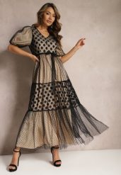 Beżowo-Czarna Maxi Sukienka Tiulowa Rozkloszowana z Paskiem i Bufiastymi Rękawami Bervilla. Brązowe sukienki Renee, l, bez wzorów, z tiulu, eleganckie, bez kołnierzyka, bez ramiączek, maxi, rozkloszowane. Za 159.99 zł.