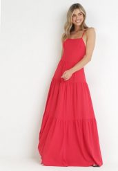 Czerwona Maxi Sukienka na Cienkich Ramiączkach z Wiązaniem na Tyle Ozdobiona Falbankami Beatrics. Czerwone sukienki Born2be, na lato, l, bez wzorów, bez kołnierzyka, bez ramiączek, maxi. Za 129.99 zł.